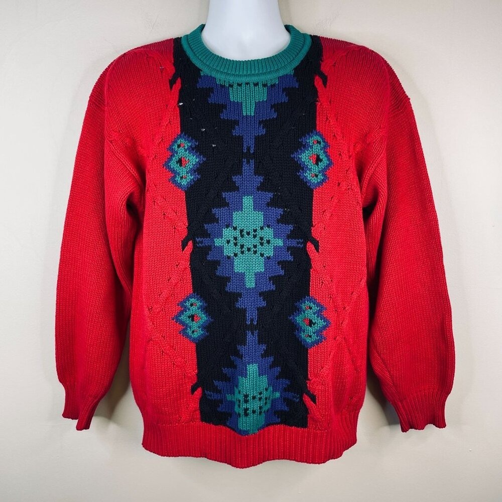 Vintage Aztec Hand Intarsia Sweater Medium Red Indie Hipster Cable Knit 80s 90s